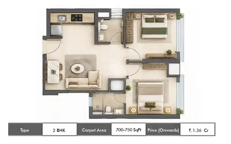AIM Vyana 2 BHK floor plan, 700 sq ft carpet area