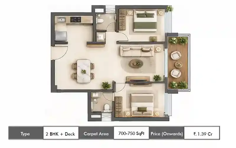 AIM Vyana 2 BHK With Deck floor plan, 700 sq ft carpet area